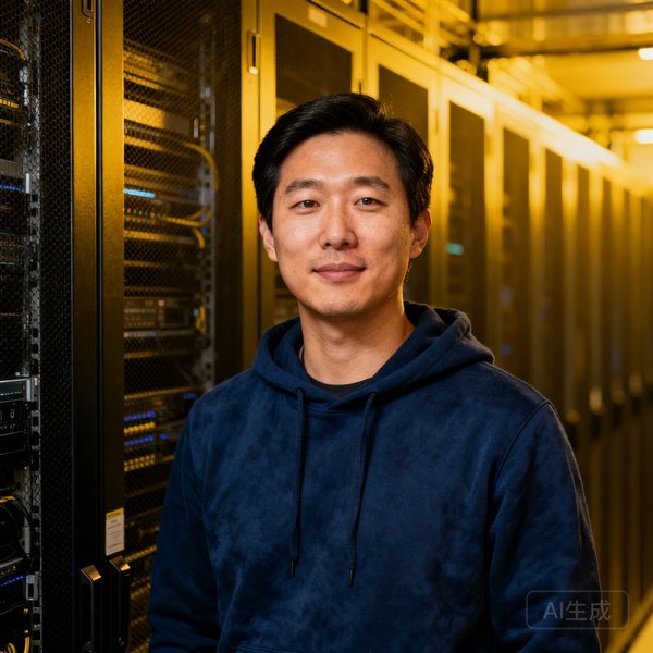 David Kim，韩裔数据工程师，穿着连帽衫在服务器前