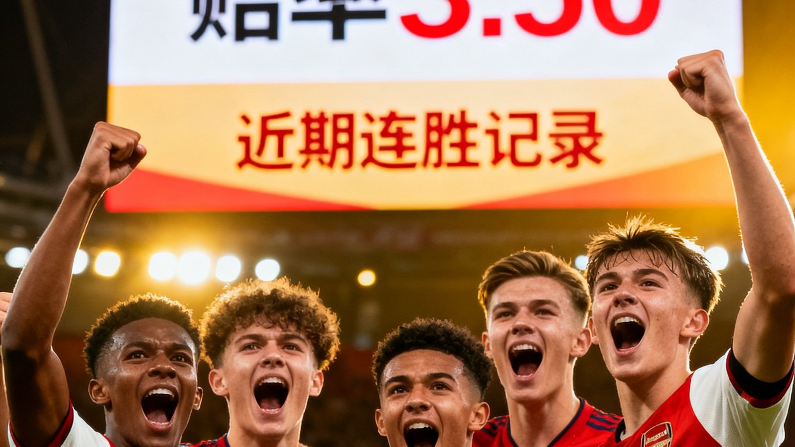 阿森纳年轻球员围圈呐喊,身后大屏幕展示赔率3.50及近期连胜记录