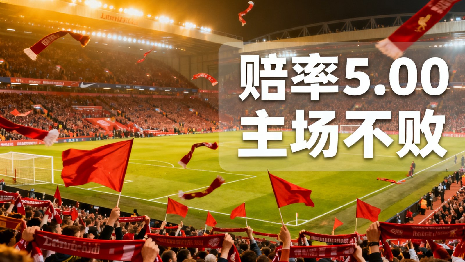 安菲尔德球场全景,利物浦球迷挥舞旗帜,赔率5.00与主场不败数据叠加